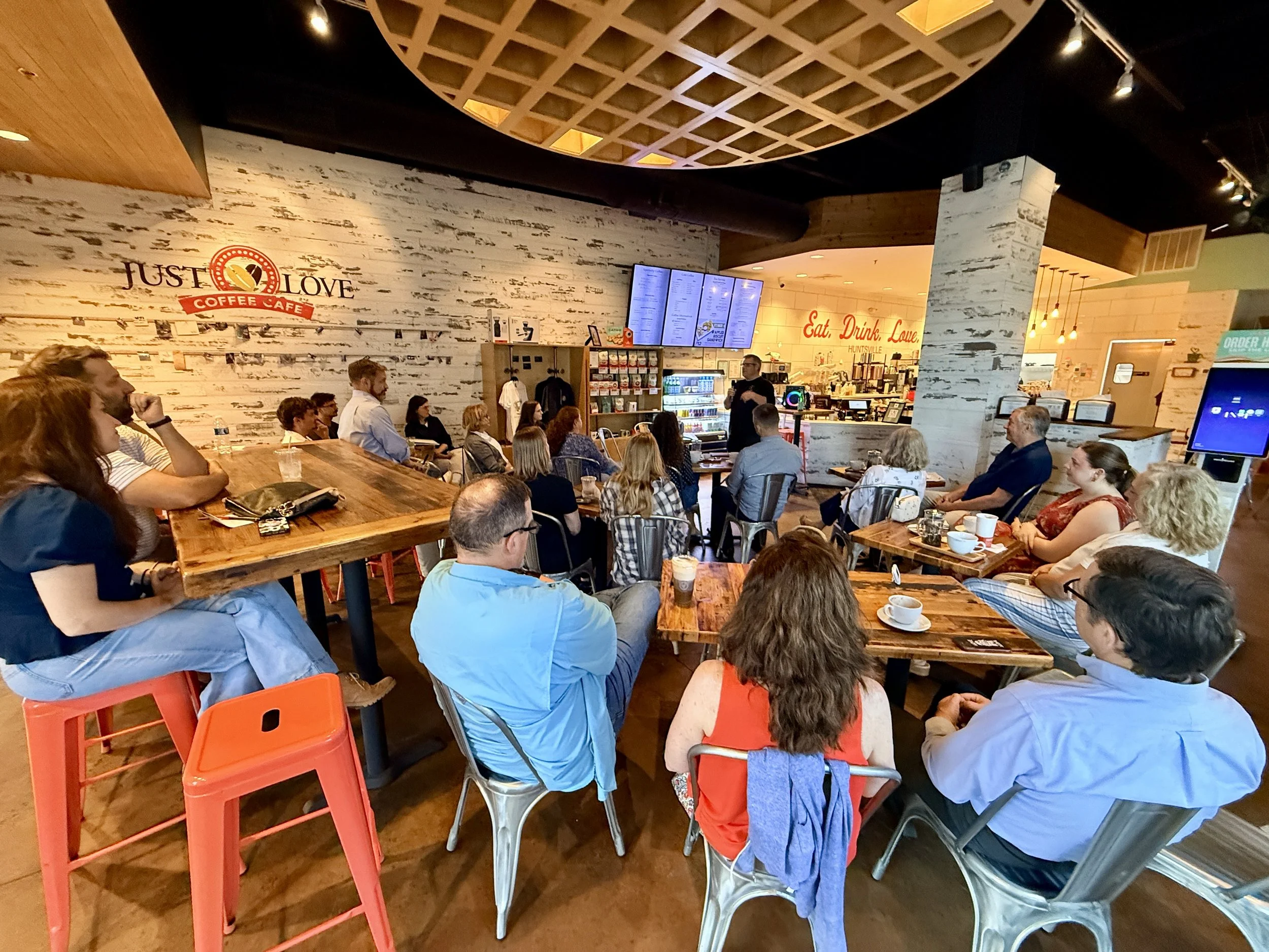 The Cheap Medicine Book Club's first Storytelling Evening at Just Love Coffee Cafe, Huntsville, Alabama
