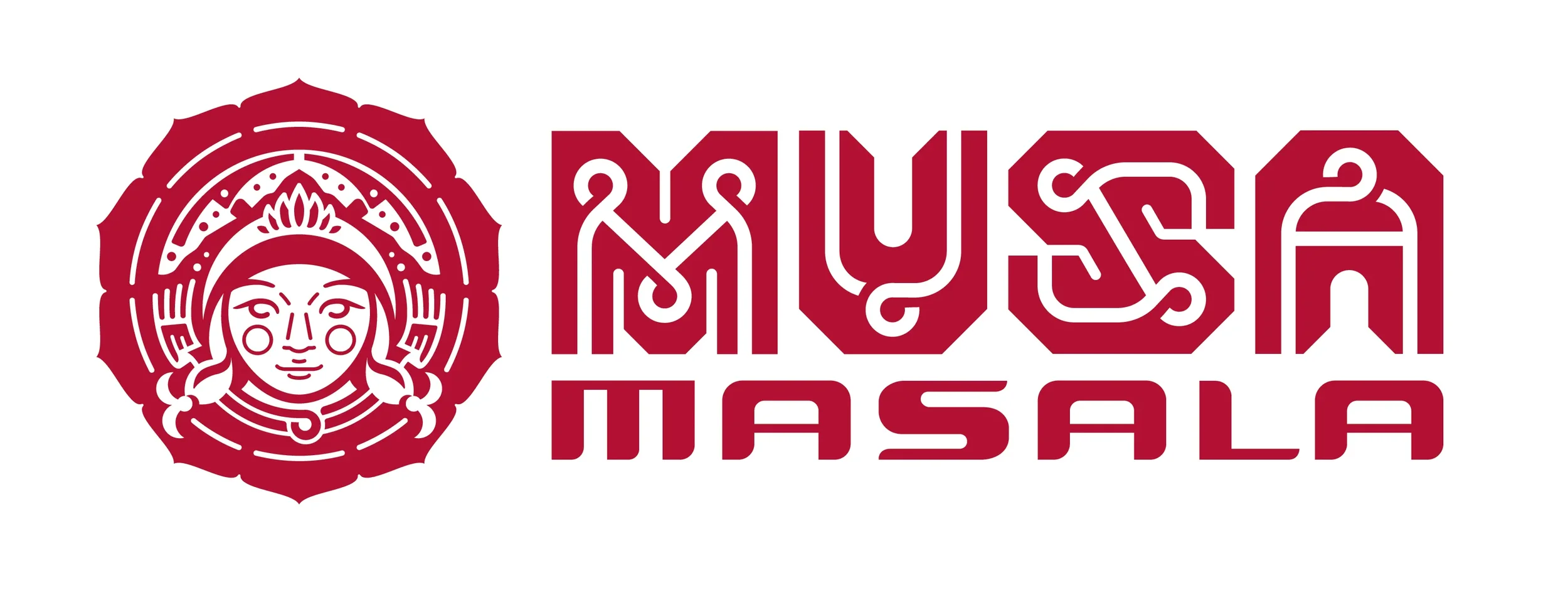Logo for Musa Masala with an intricate red design of a woman's face surrounded by decorative elements and the words 'Musa Masala' in stylized red font.