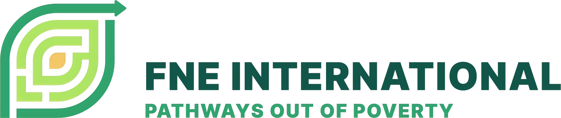 The FNE International Logo, featuring a green color palette, and leaf-shaped maze-like symbol, and the phrase "Pathways Out of Poverty"