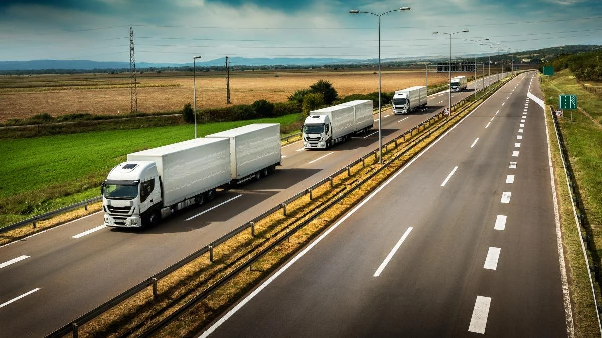Four white semi-trucks driving on a highway with green fields and distant hills in the background.