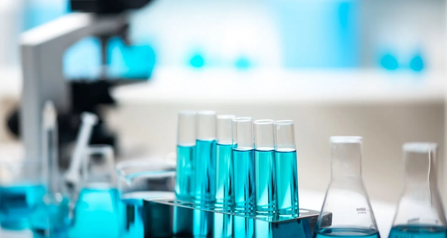 Test tubes filled with blue liquid in a laboratory setting with glassware and equipment in the background.