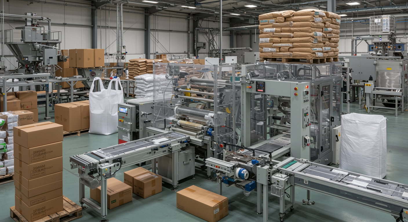 Industrial packaging factory with machinery, conveyor belts, and neatly stacked boxes and bags of packaged products.