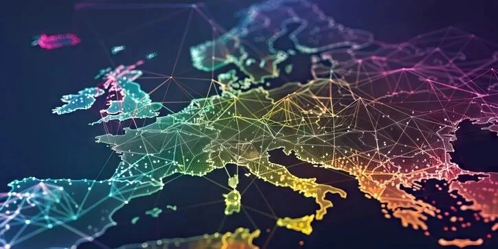 Colorful digital map of Europe with interconnected lines and points representing a network.