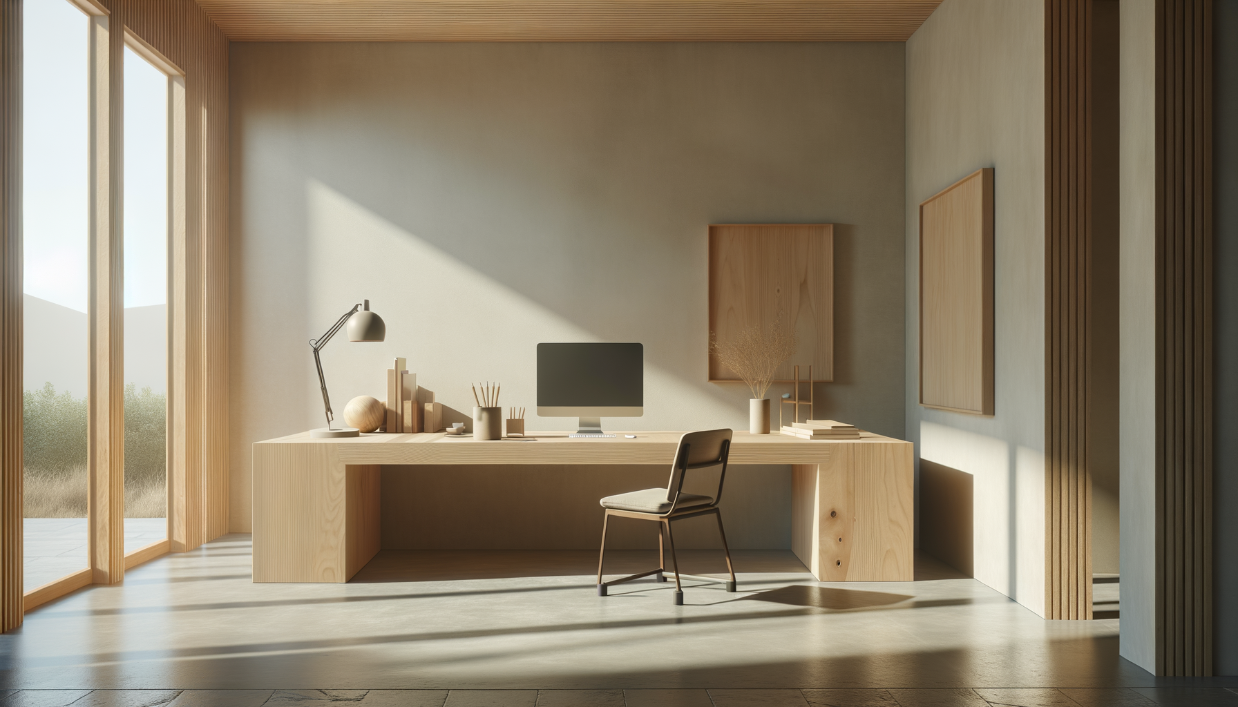 Minimalist study or home office with a light wooden desk, desktop computer, desk lamp, decorative objects, books, and a chair, illuminated by natural light from large windows with wooden frames.