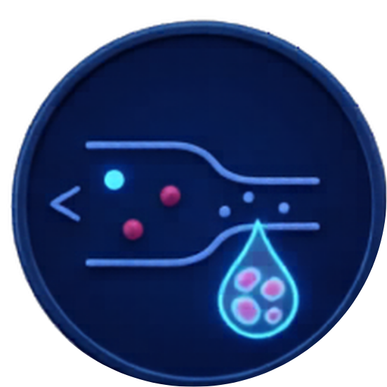 Illustration of molecules passing through a membrane, with a droplet containing pink spheres.