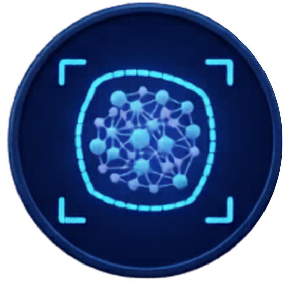 A digital display showing a network or molecule structure within a square outline, surrounded by a circular border with two side markers.