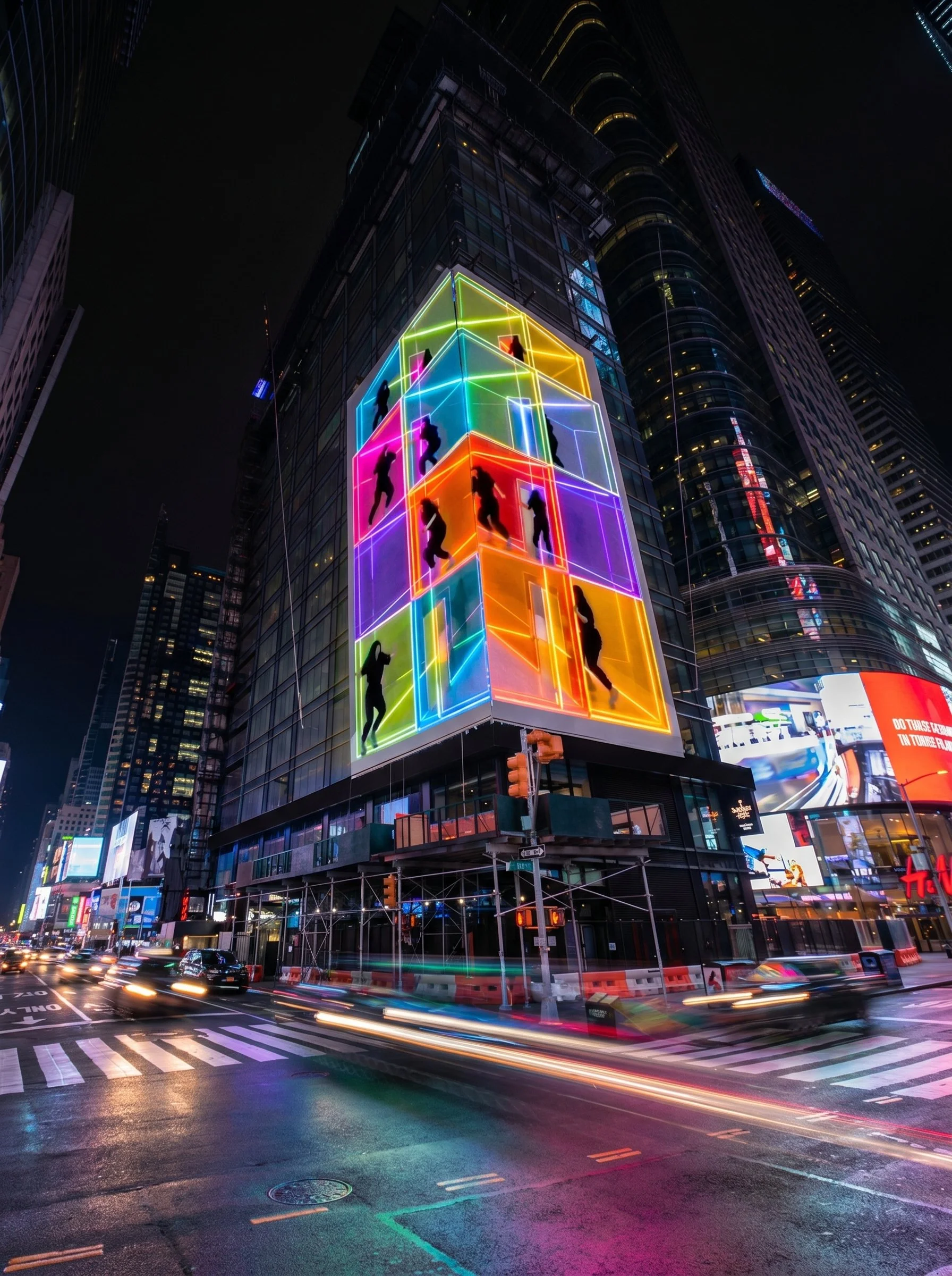 Nighttime city street scene with tall glass building displaying colorful neon light art of silhouettes of people inside defined by bright neon outlines. Traffic moving, creating light streaks on wet road.