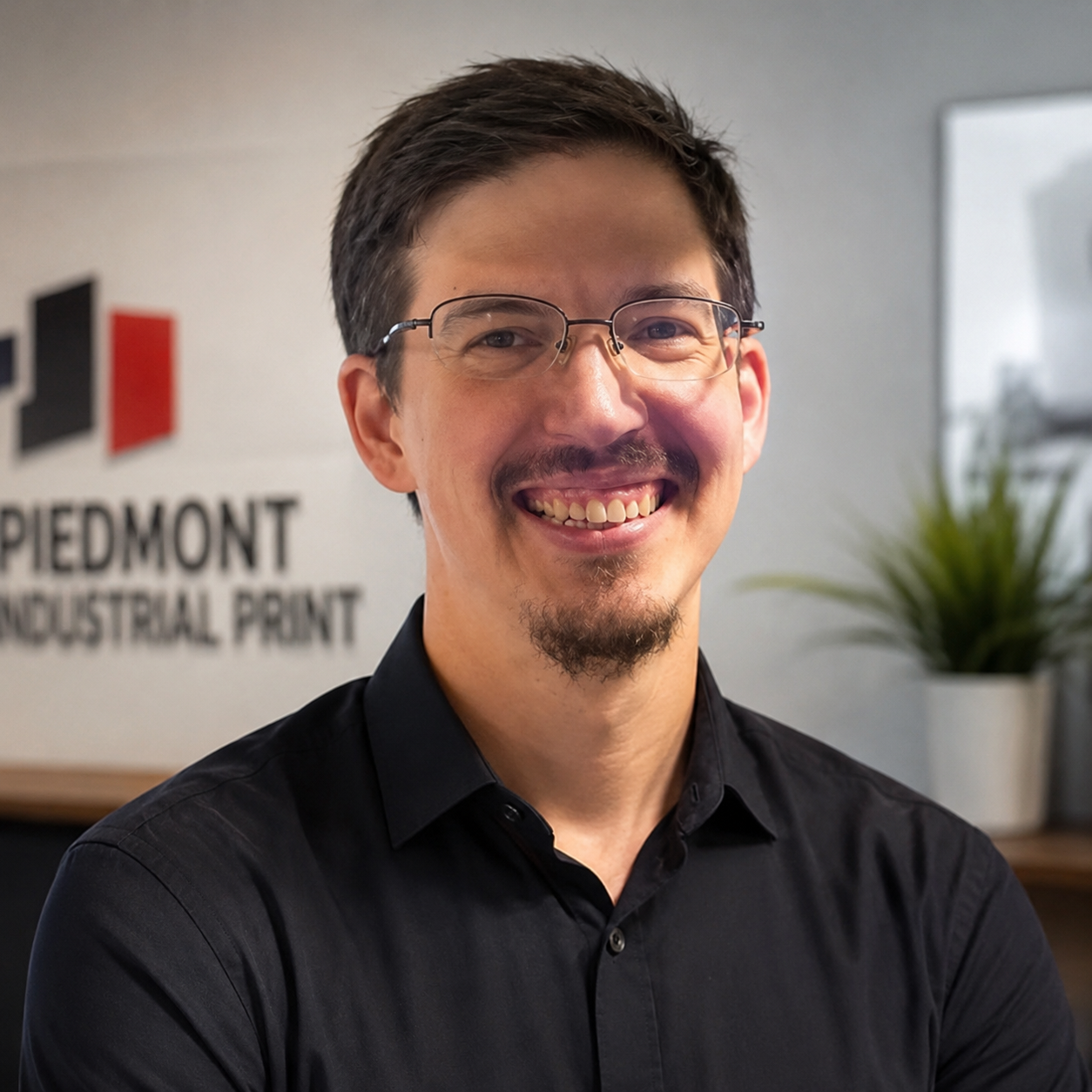 A smiling man with glasses and a goatee wearing a black button-up shirt, standing in an office with a sign that reads 'PIEDMONT INDUSTRIAL PARK' and a potted plant in the background.