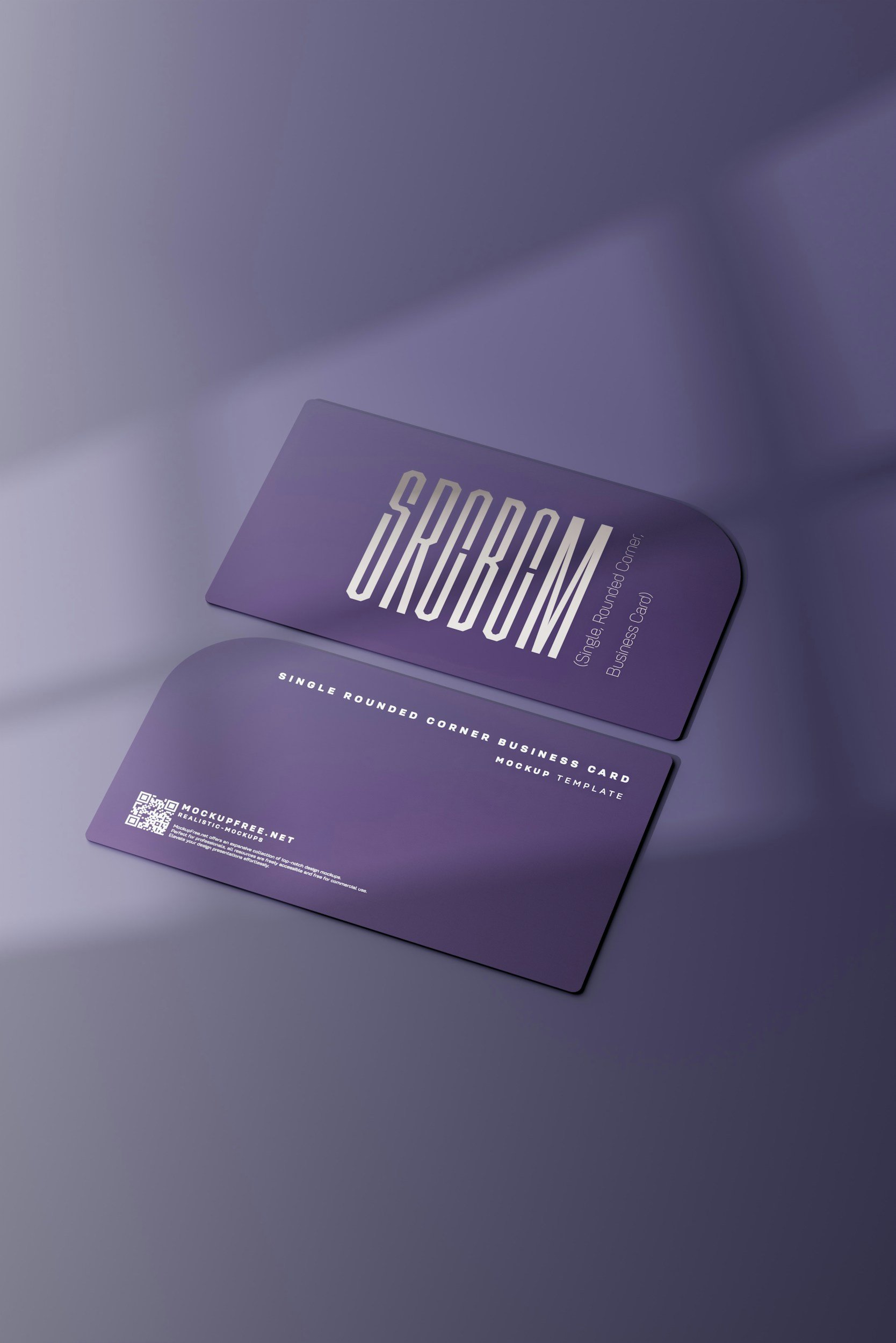 Two purple business cards with rounded corners, one partially overlapping the other, displayed on a purple surface.