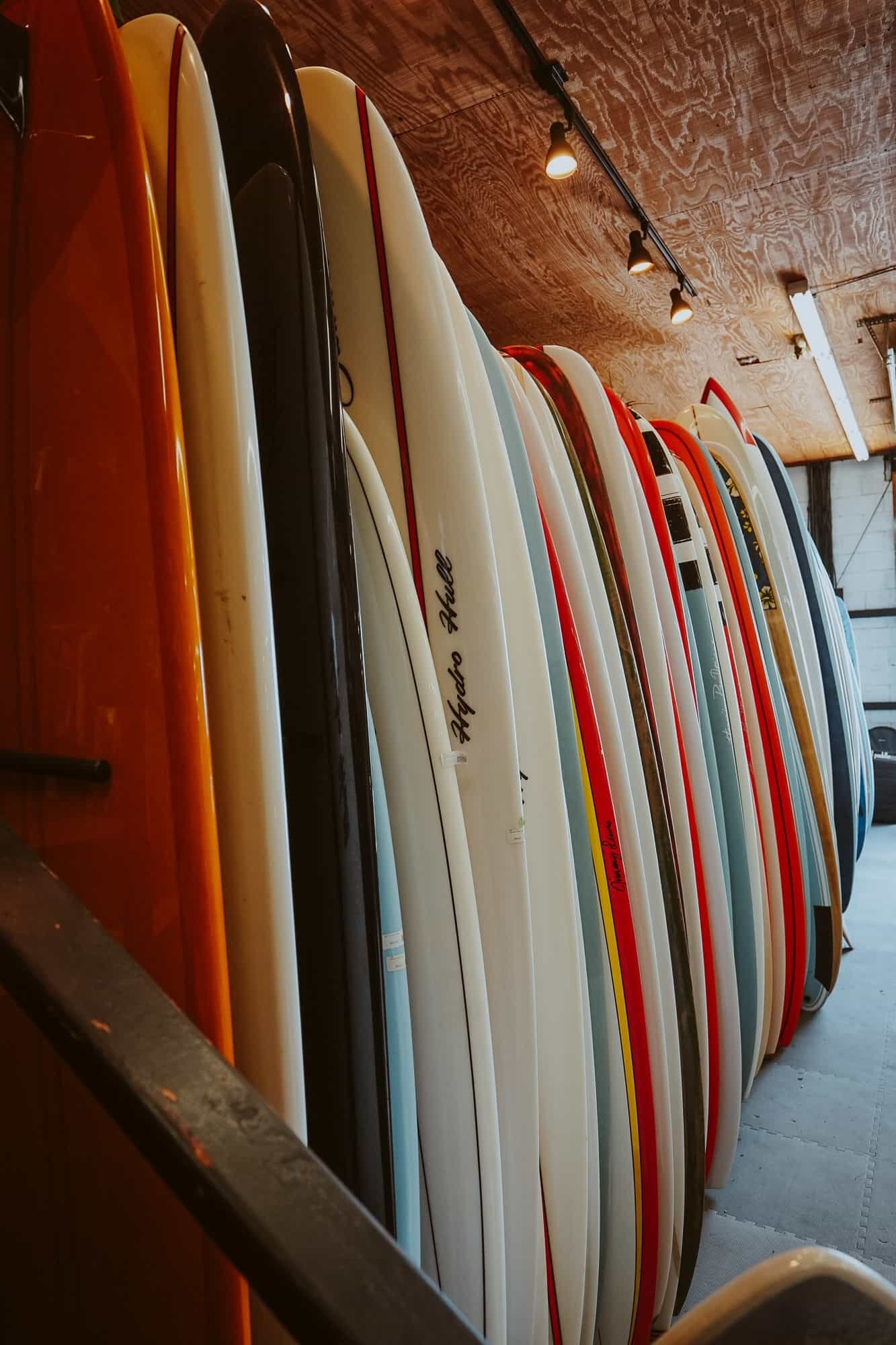 Multiple surfboards standing upright in a row against a wooden wall ceiling with track lighting.