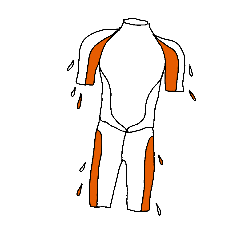 A simple black and orange silhouette of a person with long hair, wearing a jacket and pants, seen from the back.