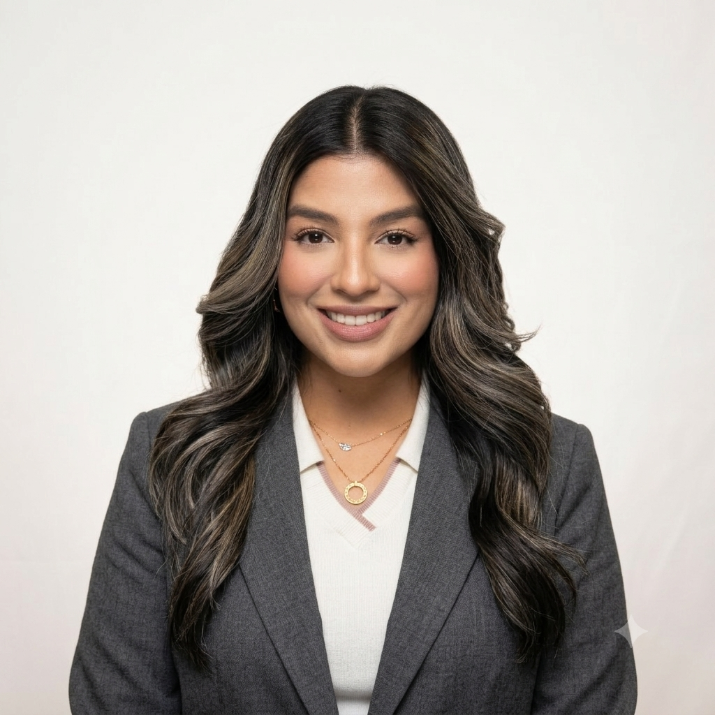 A woman with long dark hair, styled in loose waves, wearing a gray blazer over a white shirt, smiling at the camera against a plain light background.