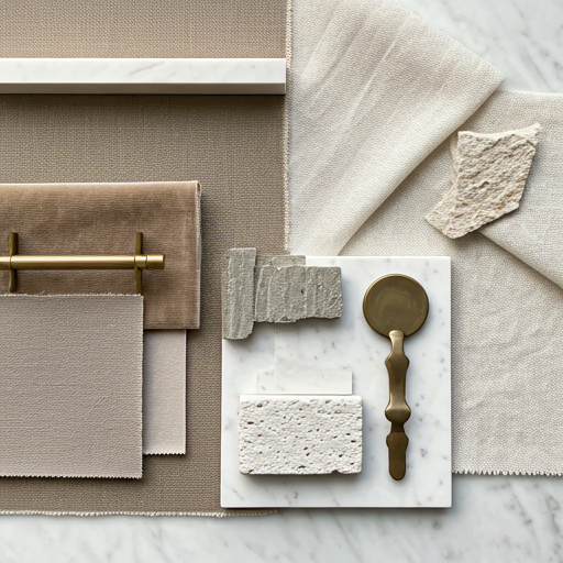 A flat lay of neutral fabric swatches, stone samples, and hardware on a marble surface, likely for interior design or home decor.