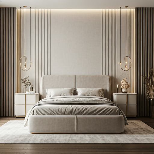 A modern, minimalist bedroom with a large bed, light-colored bedding, and two nightstands with decorative items. The wall behind the bed has vertical paneling and two hanging lamps.