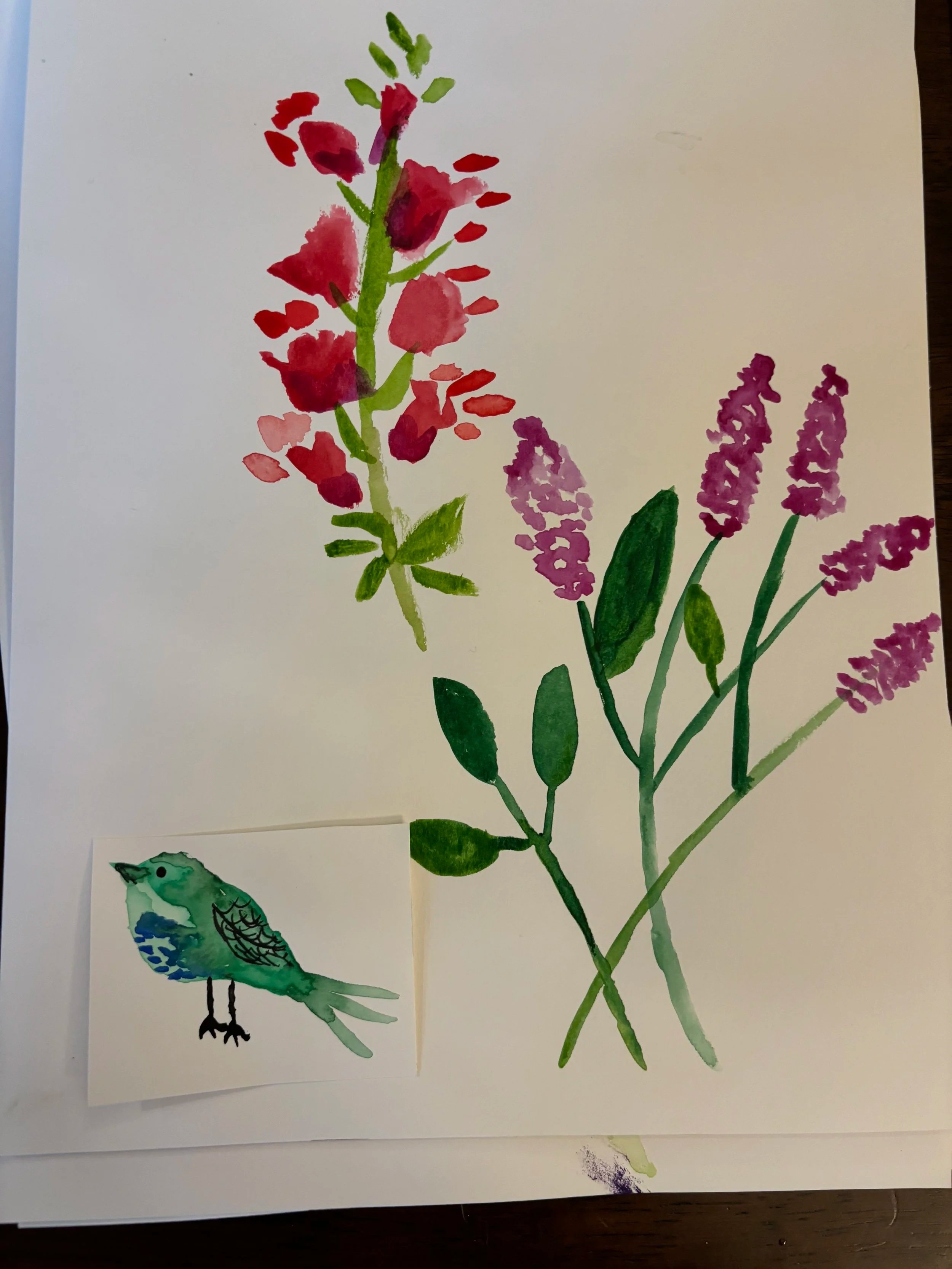 My first ever attempt at painting flowers + a bird 