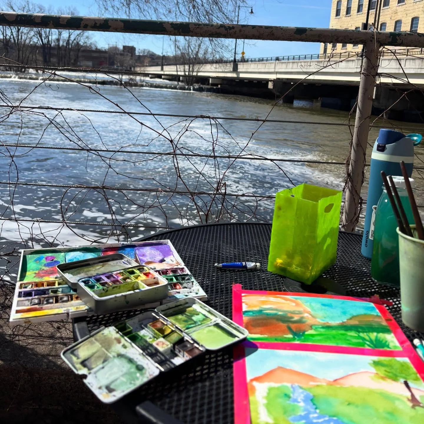 Decided to paint outside today! 🏔️‼️ the top is an abstract canyon and the bottom is mountains and stream scene!
