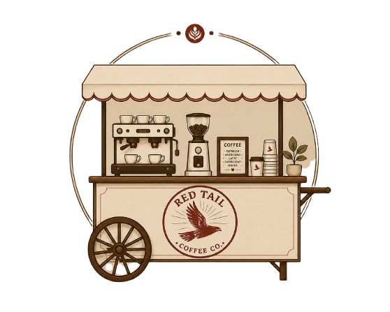 Coffee cart with espresso machine, coffee grinder, cups, a plant, and a sign, labeled 'Red Tail Coffee Co.'