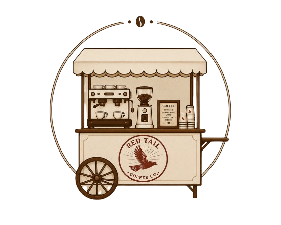 A vintage-style coffee cart with a canopy, featuring an espresso machine, a coffee grinder, a coffee menu, cups, and a stack of disposable cups. The cart has a large wheel and the logo 'Red Tail Coffee Co.'