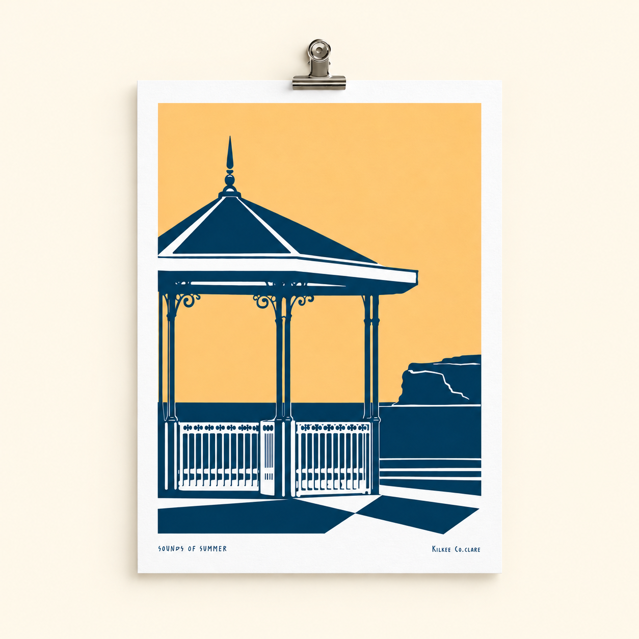 Stylized illustration of a gazebo with a pointed roof, decorative ironwork, and railings, set against a yellow sky and a rocky landscape in the background. The text 'Sounds of Summer' and 'Kilkee Co. Clare' are at the bottom.