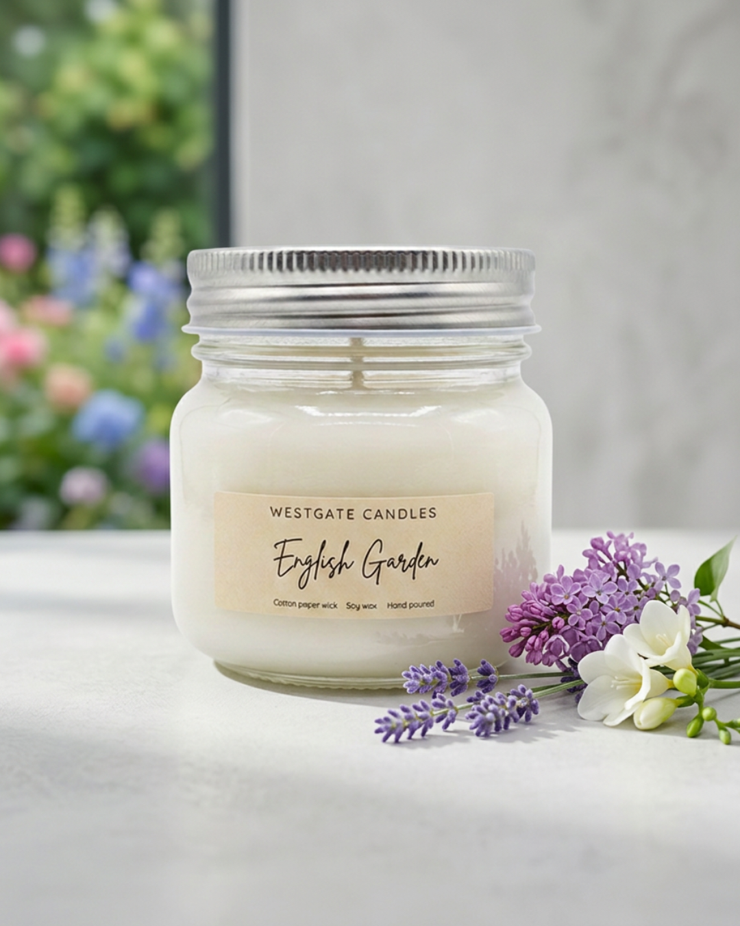 A white candle in a glass jar with a metal lid, labeled 'Westgate Candles English Garden' with flowers surrounding it, outdoors with a blurred garden background.