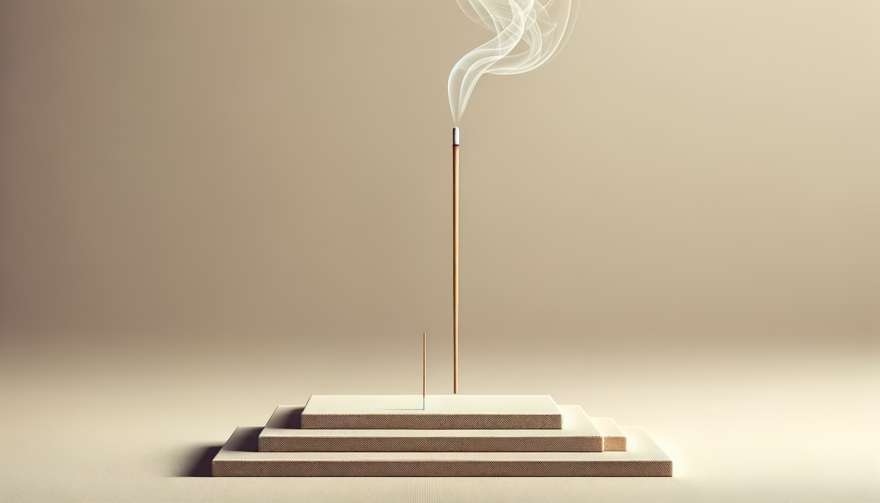 A minimalistic incense holder station with three levels of steps made of beige material. A tall incense stick is upright on the top step, with smoke curling upward from the lit tip.