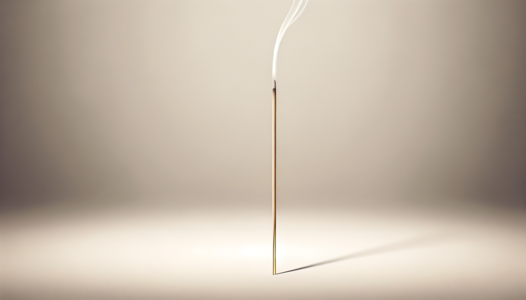 A lit matchstick with a burning tip producing smoke, standing upright on a smooth surface against a plain background.