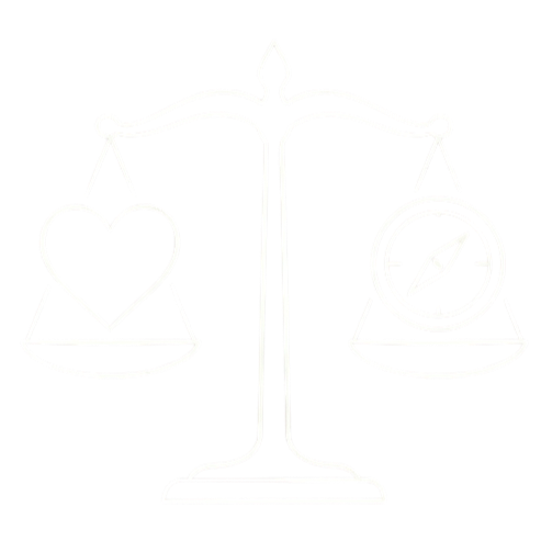 Line drawing of a balance scale with a heart on one side and a compass on the other.
