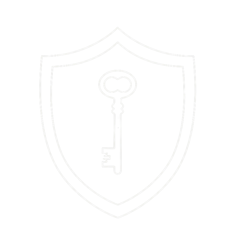 A white line drawing of a shield with a key inside it on a black background.