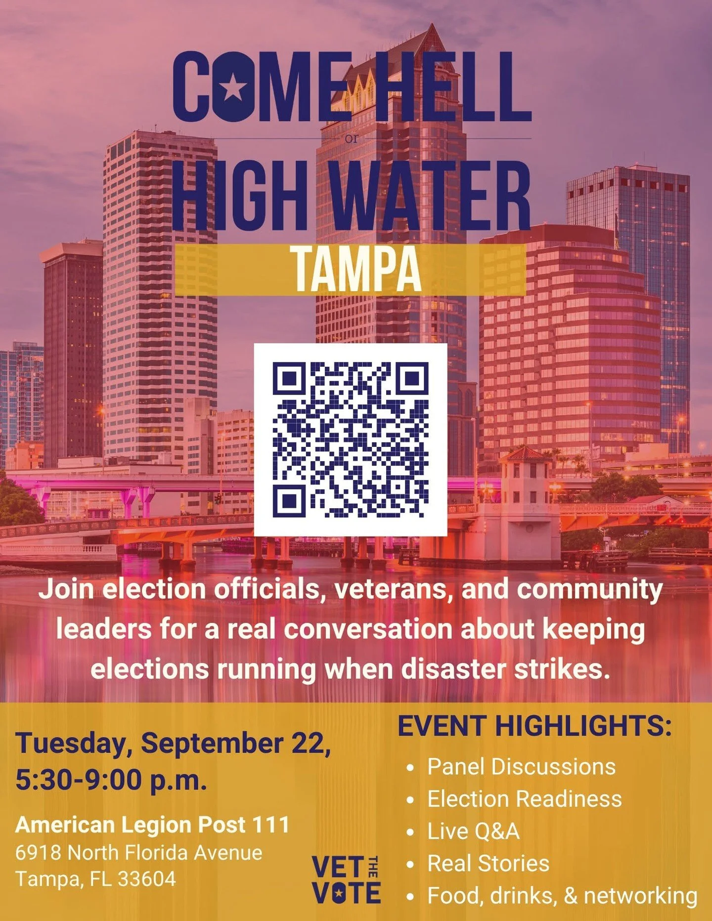 What does it take to keep an election running after a hurricane? 🌀

Find out at Come Hell or High Water: Tampa, an evening with election officials, veterans and community leaders on how elections keep running when disaster strikes.

📆 Tuesday, Sept