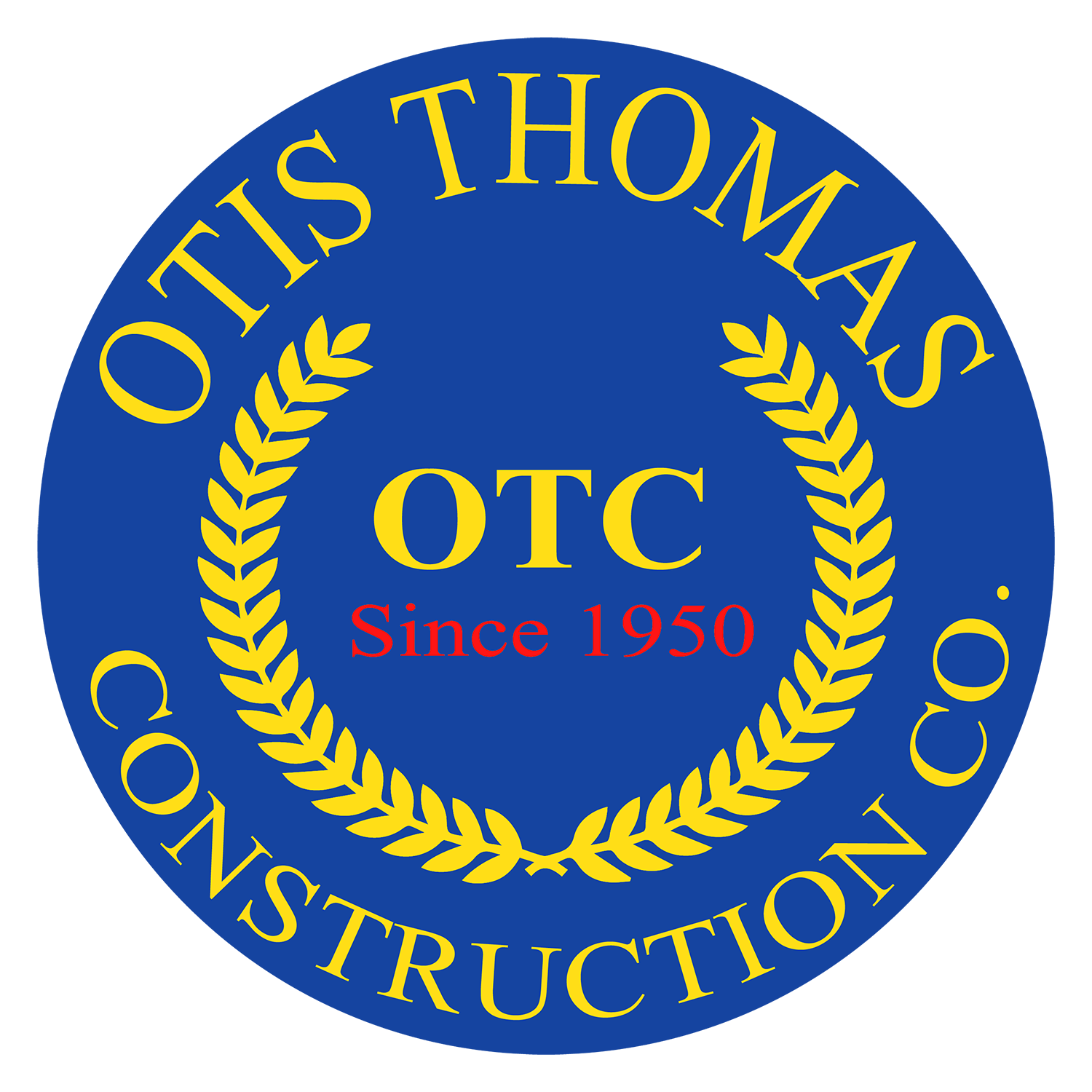 A circular blue seal with gold laurel leaves and yellow text that reads "OCTS THOMAS OTC." Red text in the center says "Since 1950." The border of the seal has the words "CONSTRUCTION INSTRUCTION" in yellow.