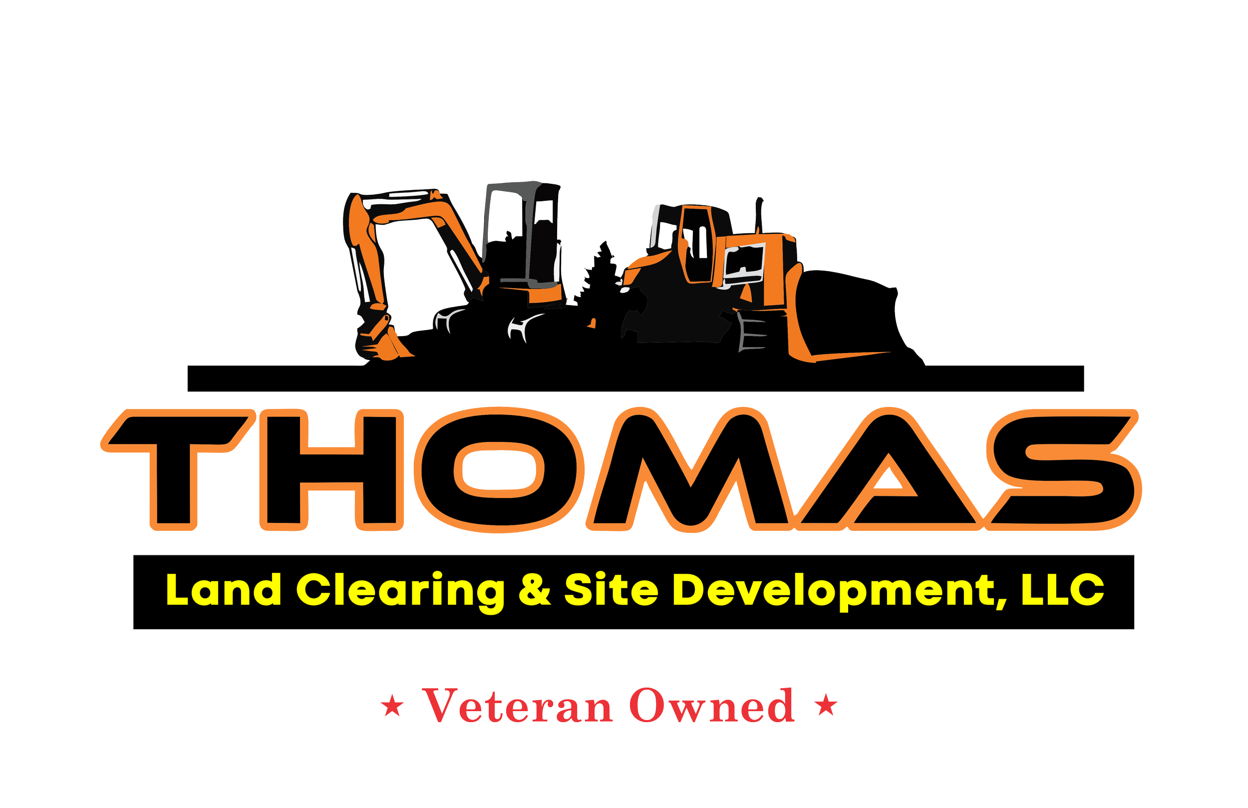 Logo for Thomas Land Clearing & Site Development LLC featuring construction equipment and the company name, with the words veteran owned highlighted at the bottom.