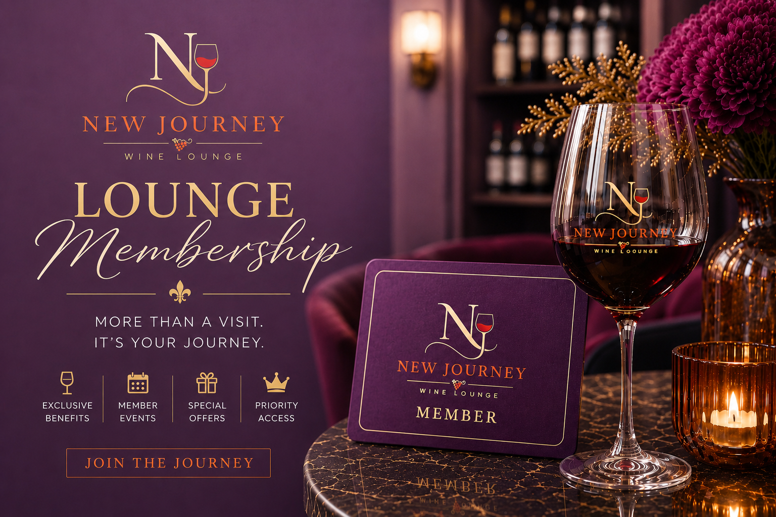 A promotional image for New Journey Wine Lounge featuring a glass of red wine, a membership card, and a candle on a marble table with a purple background and floral decorations.