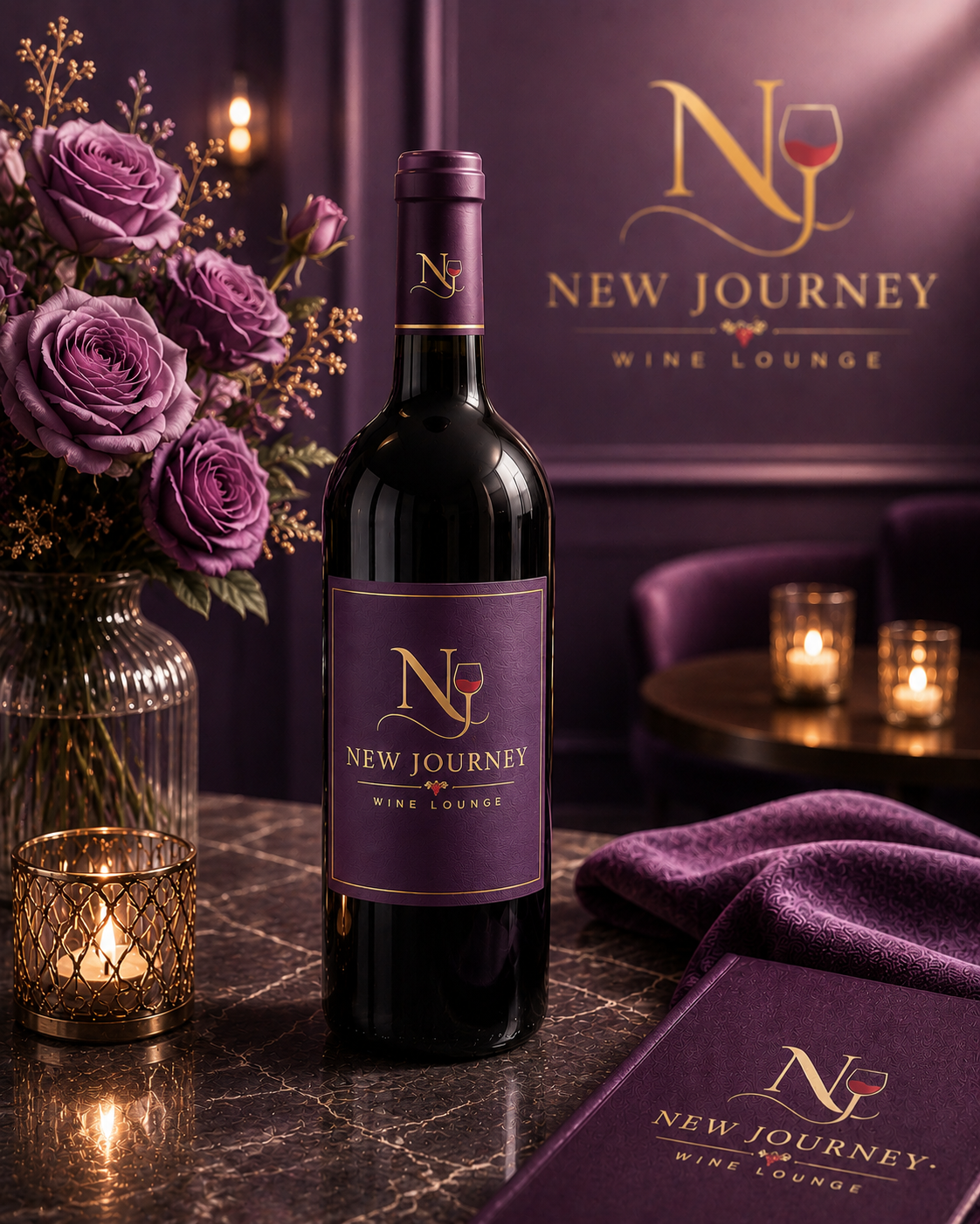 A wine bottle labeled 'New Journey' with a purple and gold design, placed on a marble table next to a bouquet of purple roses and lit candles inside decorative holders, in a dimly lit wine lounge.