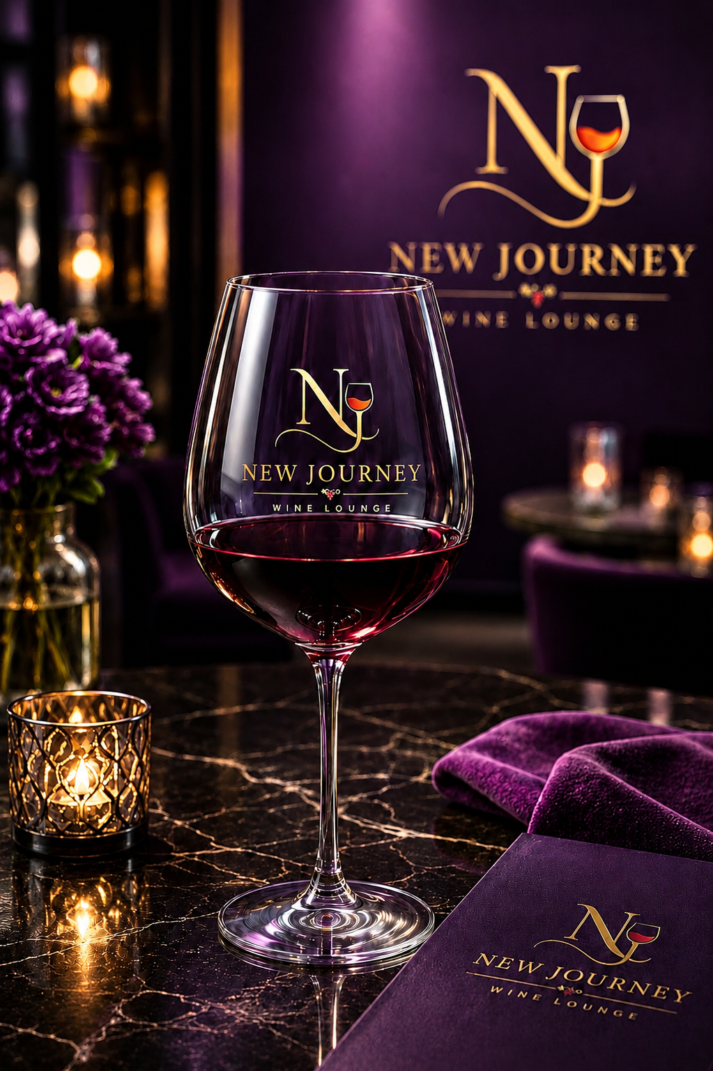 A wine glass filled with red wine on a table in a wine lounge. The glass has a logo for New Journey Wine Lounge and is surrounded by purple cloth, a lit candle in a decorative holder, and a bouquet of purple flowers, with a purple wall and the lounge's logo in the background.