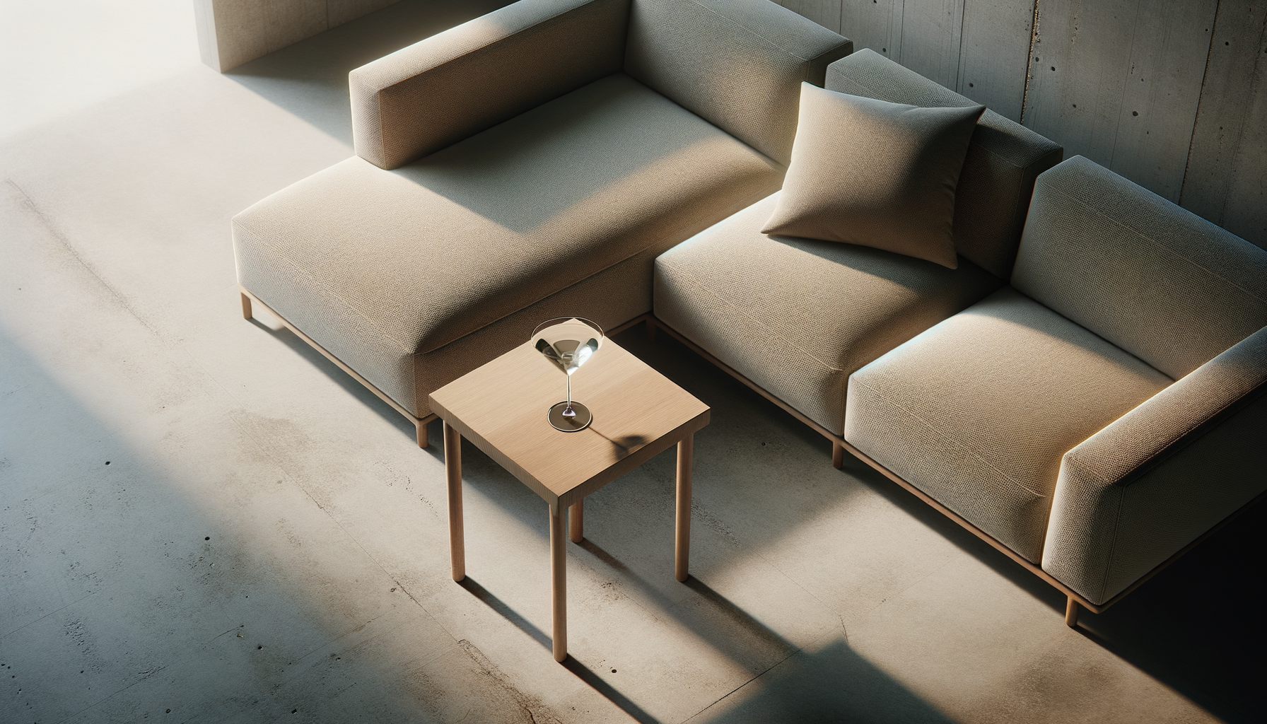 Minimalist living room with beige sectional sofa, gray throw pillow, small wooden side table, and glass of white wine, illuminated by natural sunlight.