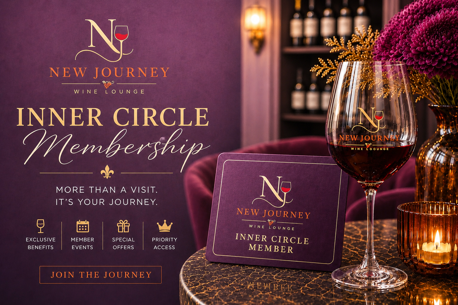 Promotional image for New Journey Wine Lounge featuring inner circle membership benefits, a glass of red wine, a member card, a lit candle, and a background of wine bottles on shelves.