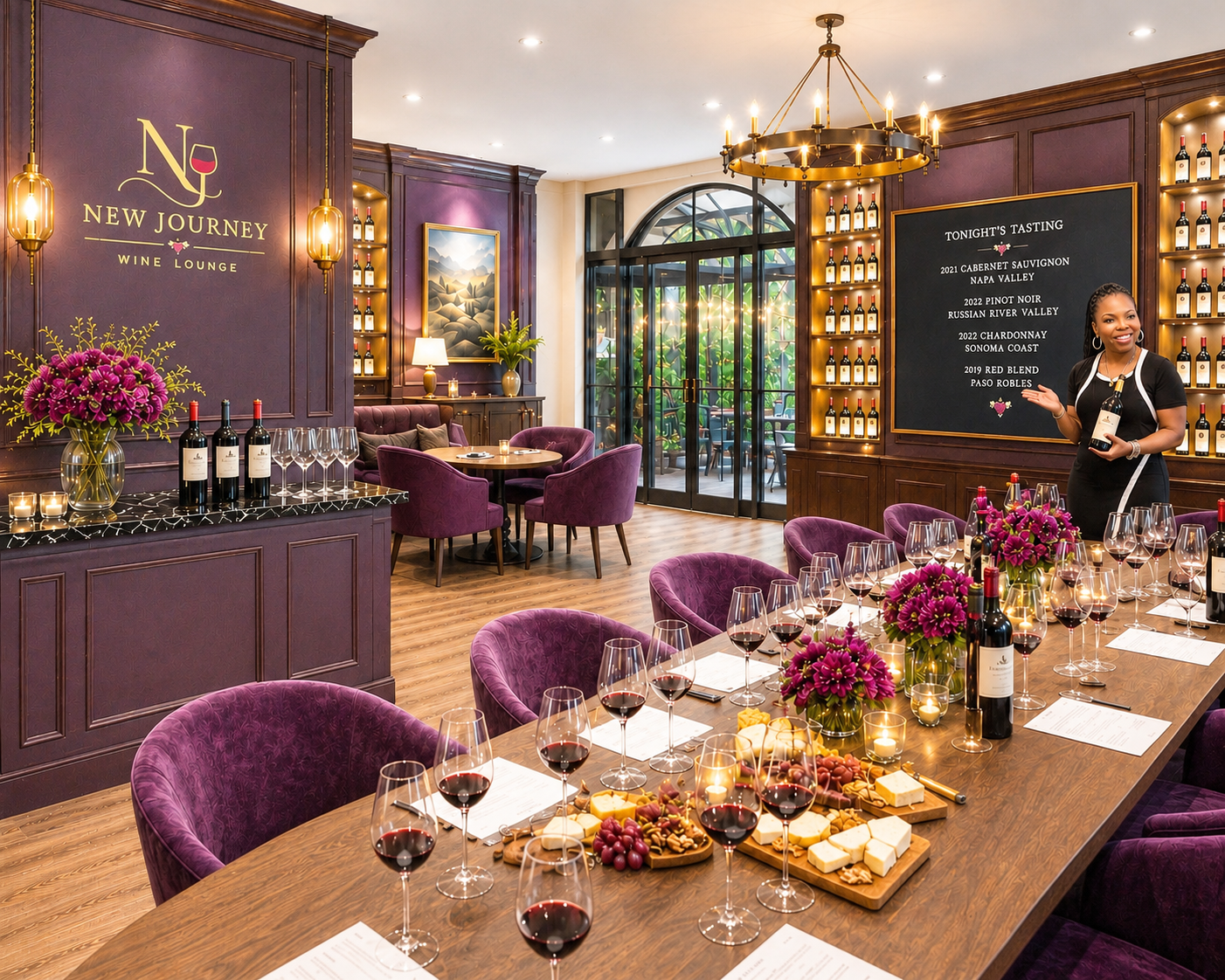 Elegant wine lounge with purple and gold decor, tables set with wine glasses, cheese, and grapes, and a woman holding a wine bottle near a tasting chart.