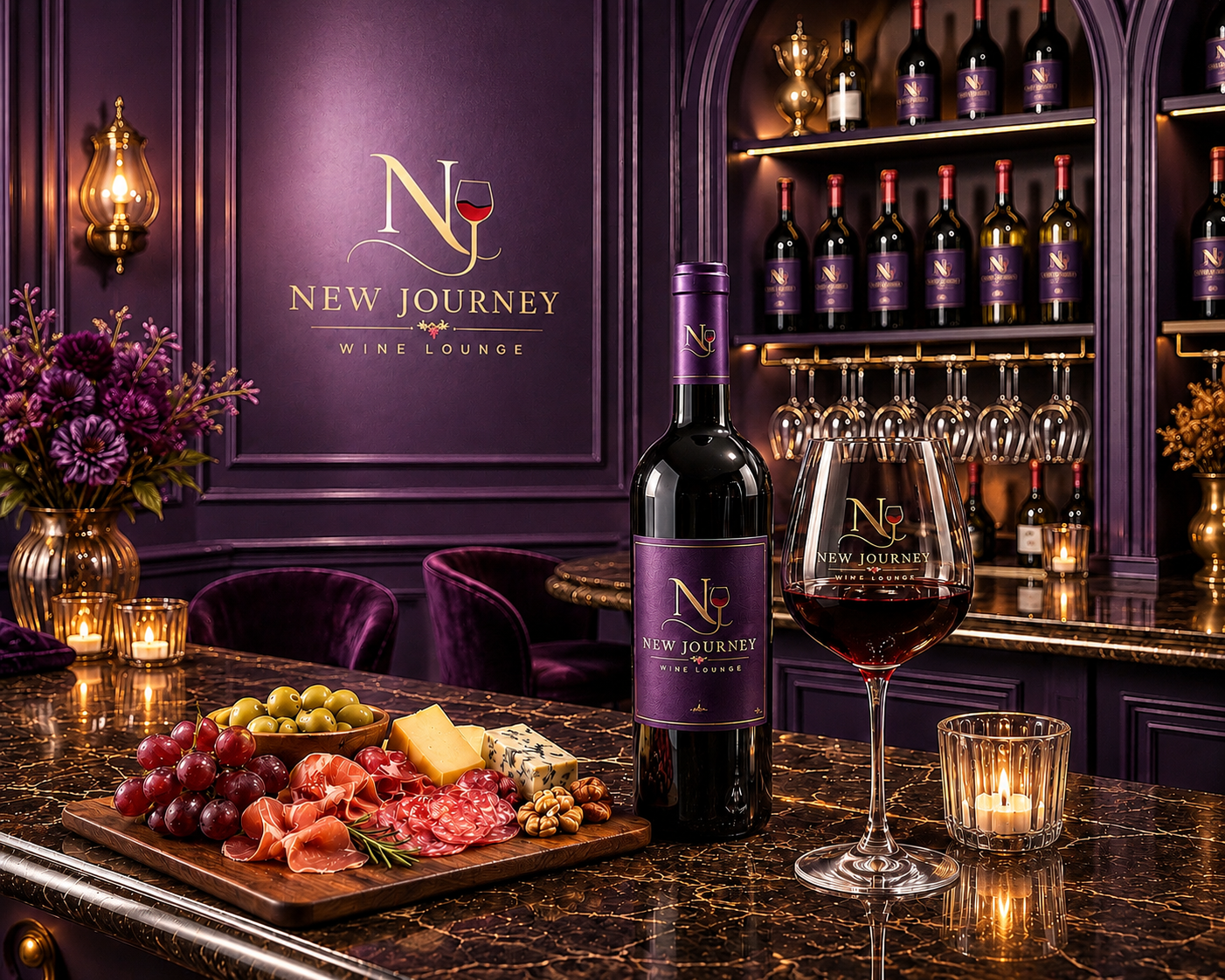 A wine lounge with a purple theme, featuring a bottle of red wine, a glass of red wine, a cheese platter with grapes and cheese, and a background with wine bottles and glasses, illuminated by warm lighting.