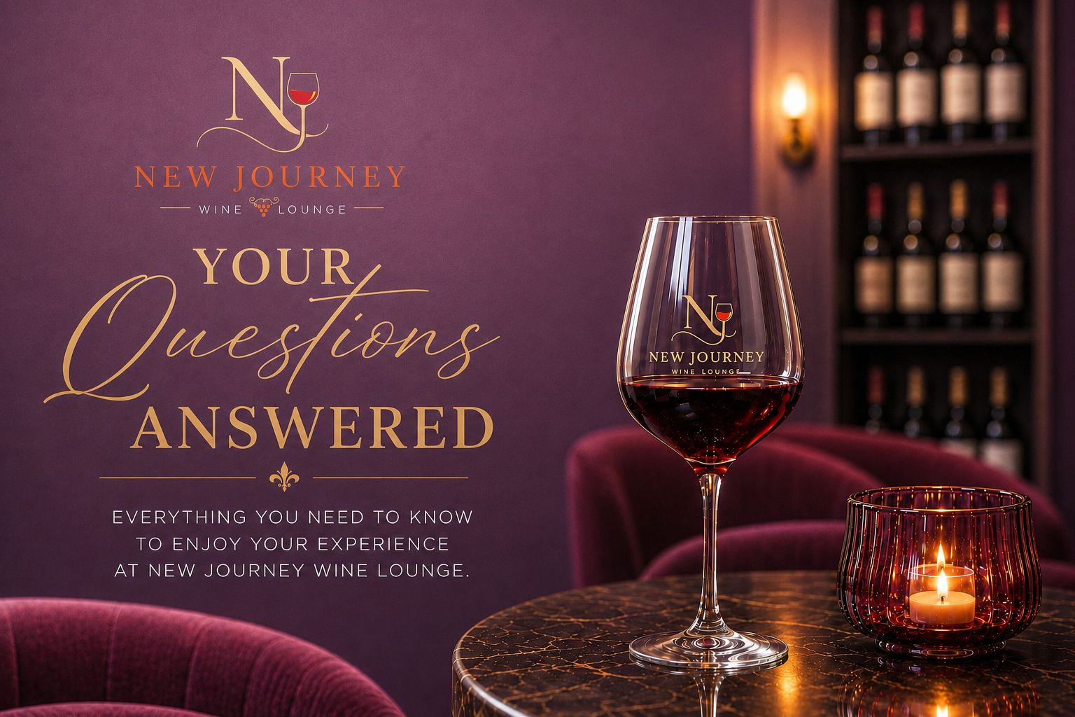 A glass of red wine and a lit candle on a table in a wine lounge, with a purple wall and shelves of wine bottles in the background.