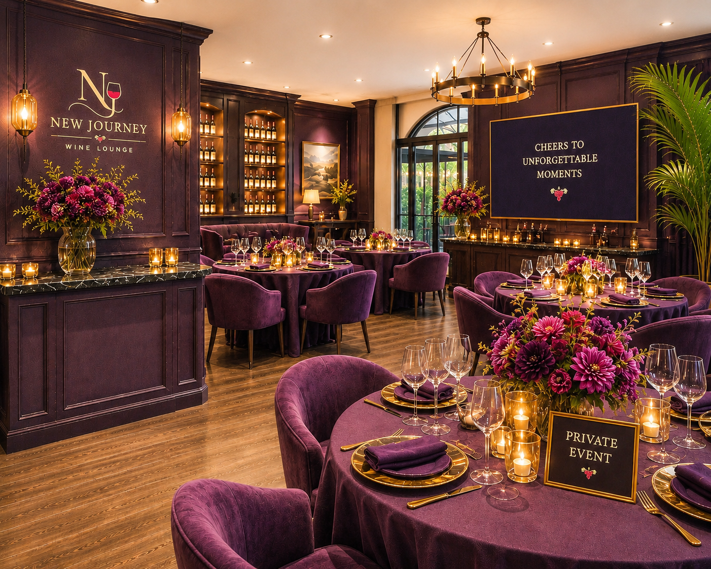 Elegant wine lounge decorated for a private event with purple velvet chairs and tables, floral centerpieces with purple flowers, candles, wine glasses, and signs reading 'Private Event' and 'Cheers to Unforgettable Moments'.