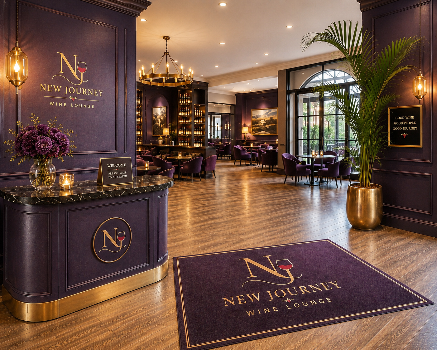 Interior of a wine lounge with purple walls, a purple lobby rug, and a reception desk with a bouquet of purple flowers. There are small tables with chairs, a large potted plant, framed artwork, and warm lighting.