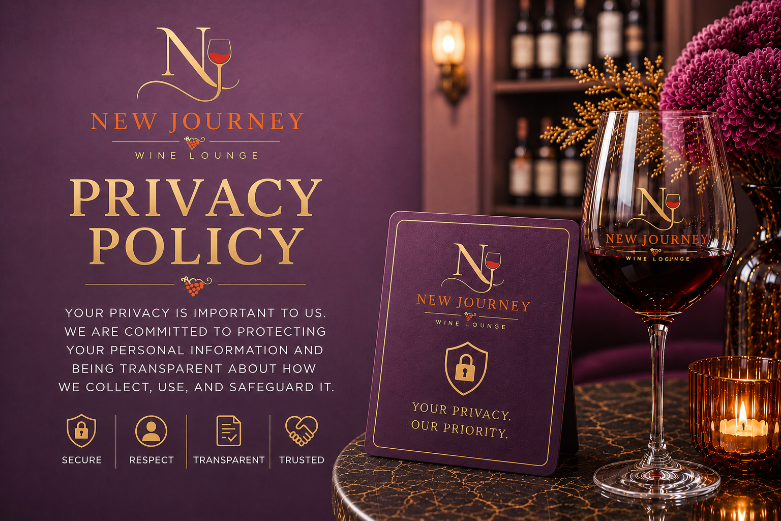 Privacy policy display at New Journey Wine Lounge with a purple background, a glass of red wine, flowers, and a candle on a marble table.