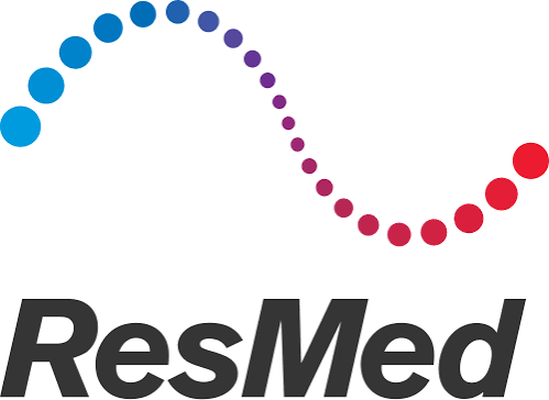 A logo with a colorful wave of circles transitioning from blue to purple to red above the text "ResMed" in bold black font.