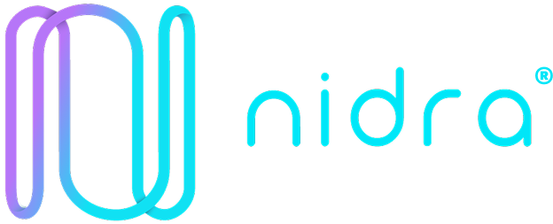 Colorful logo with the word "nidra" in blue lowercase letters and a stylized icon resembling a flowing line or wave in purple and blue.