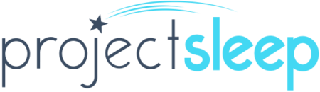 Logo of project sleep with the word 'project' in black and 'sleep' in light blue, featuring a star and a curved line above the text.