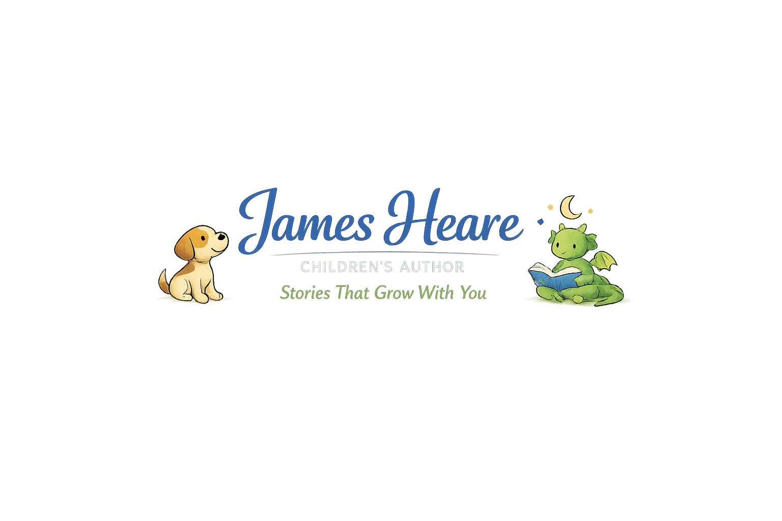A colorful illustration featuring the name James Heare, children's author, with a cute dog on the left and a small dragon reading a book under the moon on the right.