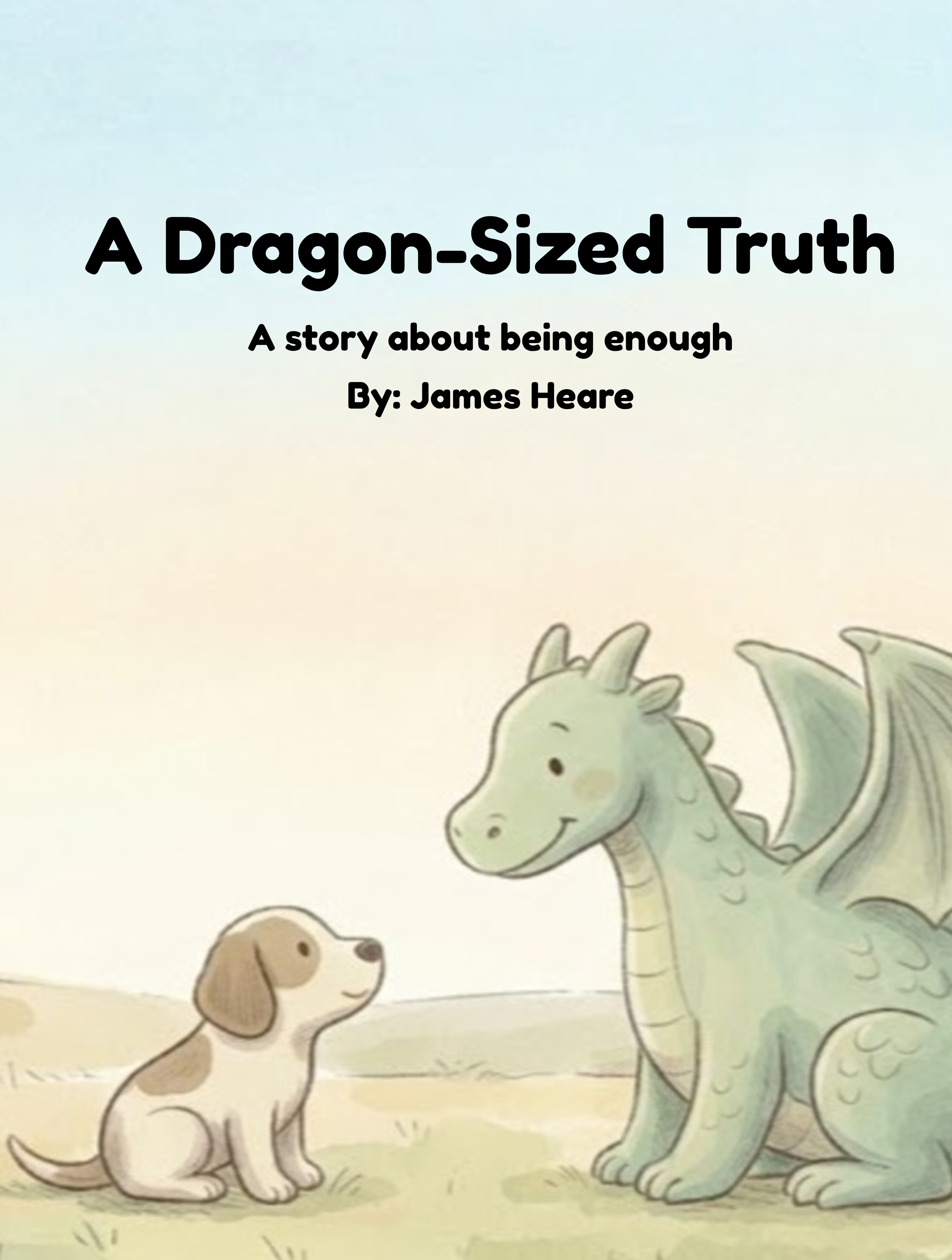 A cartoon illustration of a large green dragon with wings and a cute expression, sitting and facing a small brown and white puppy that is sitting on the ground looking up at the dragon.