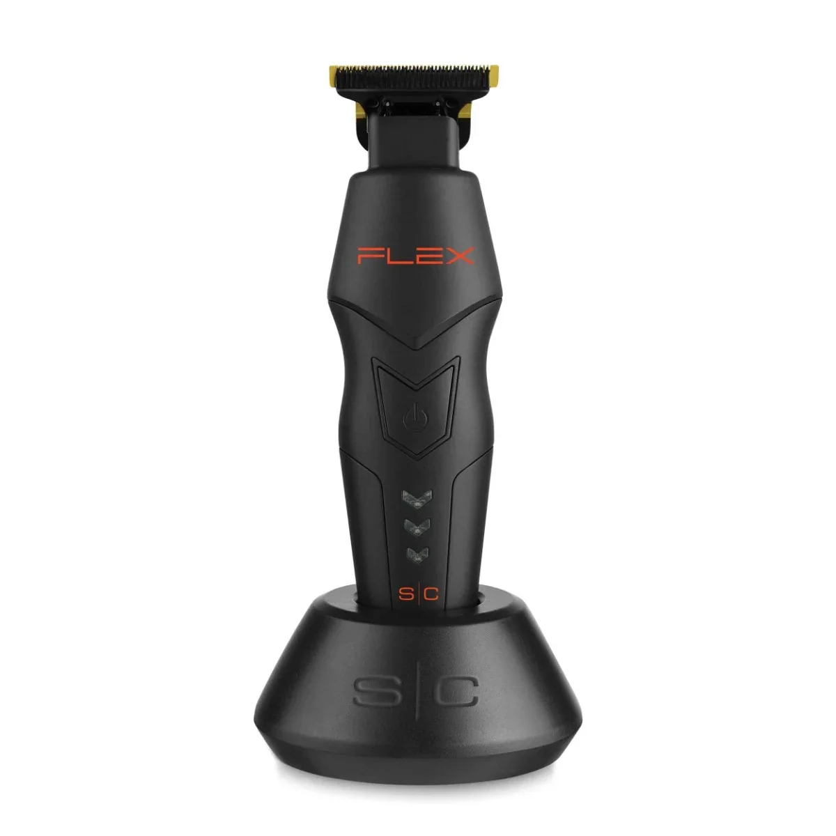 Black handheld electric hair trimmer with a yellow blade, mounted on a black charging stand, with red and gray accents, labeled 'FLEX' and 'SC'.
