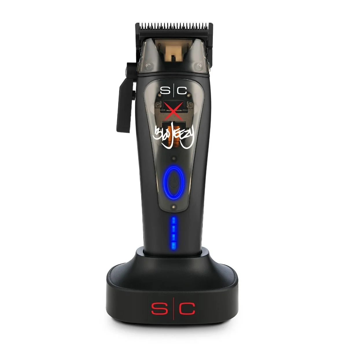 Electric hair trimmer on charging station with blue LED lights, black and gray color, and no visible person.