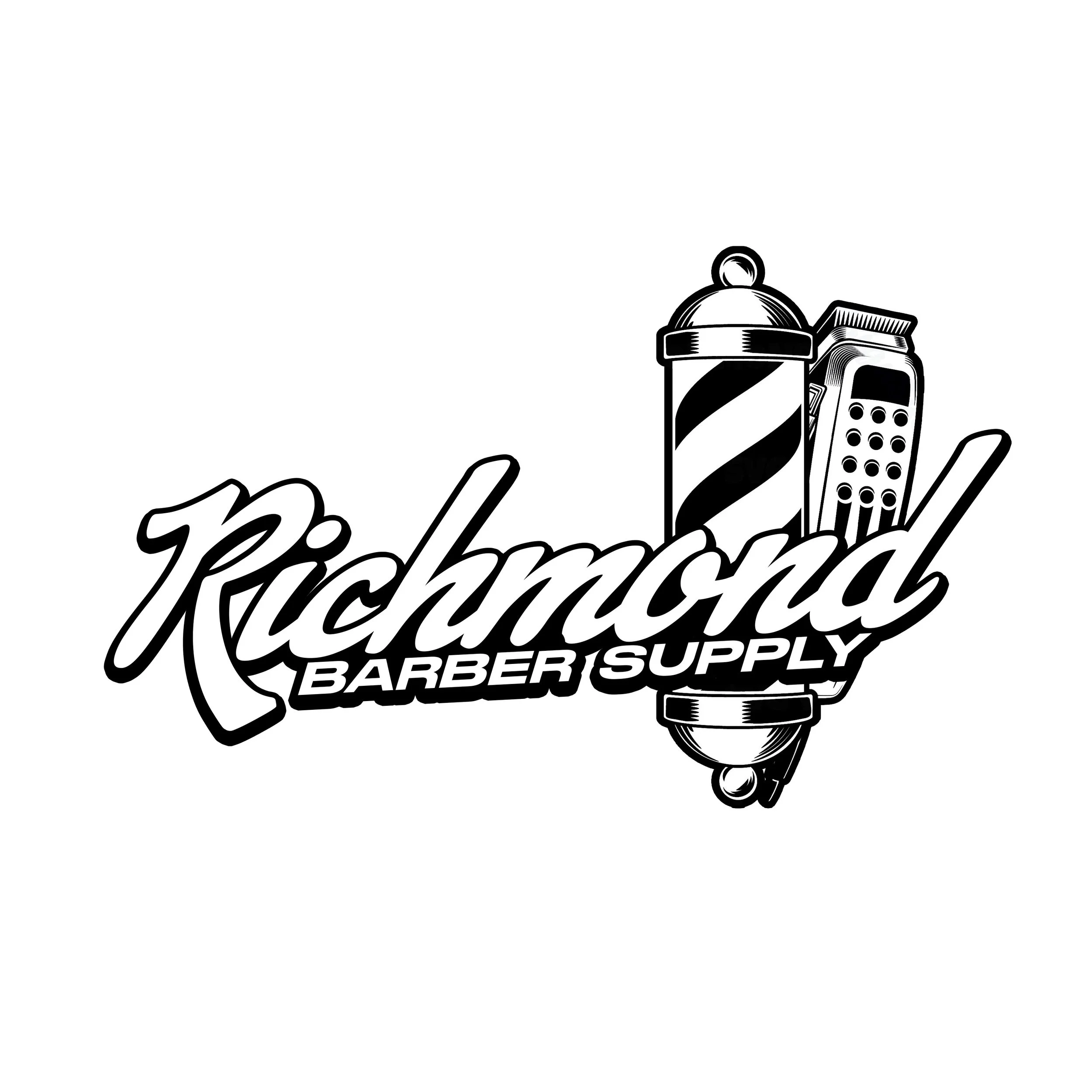 Black and white illustration of barber tools, including a straight razor, scissors, spray bottle, and barber pole, with cursive text reading 'Barber Supply'.